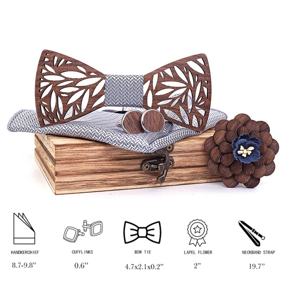 Handmade Wood Butterfly Bow Tie Cufflinks Blue Pocket Square & Boutonnière Set - Picture 16 of 16